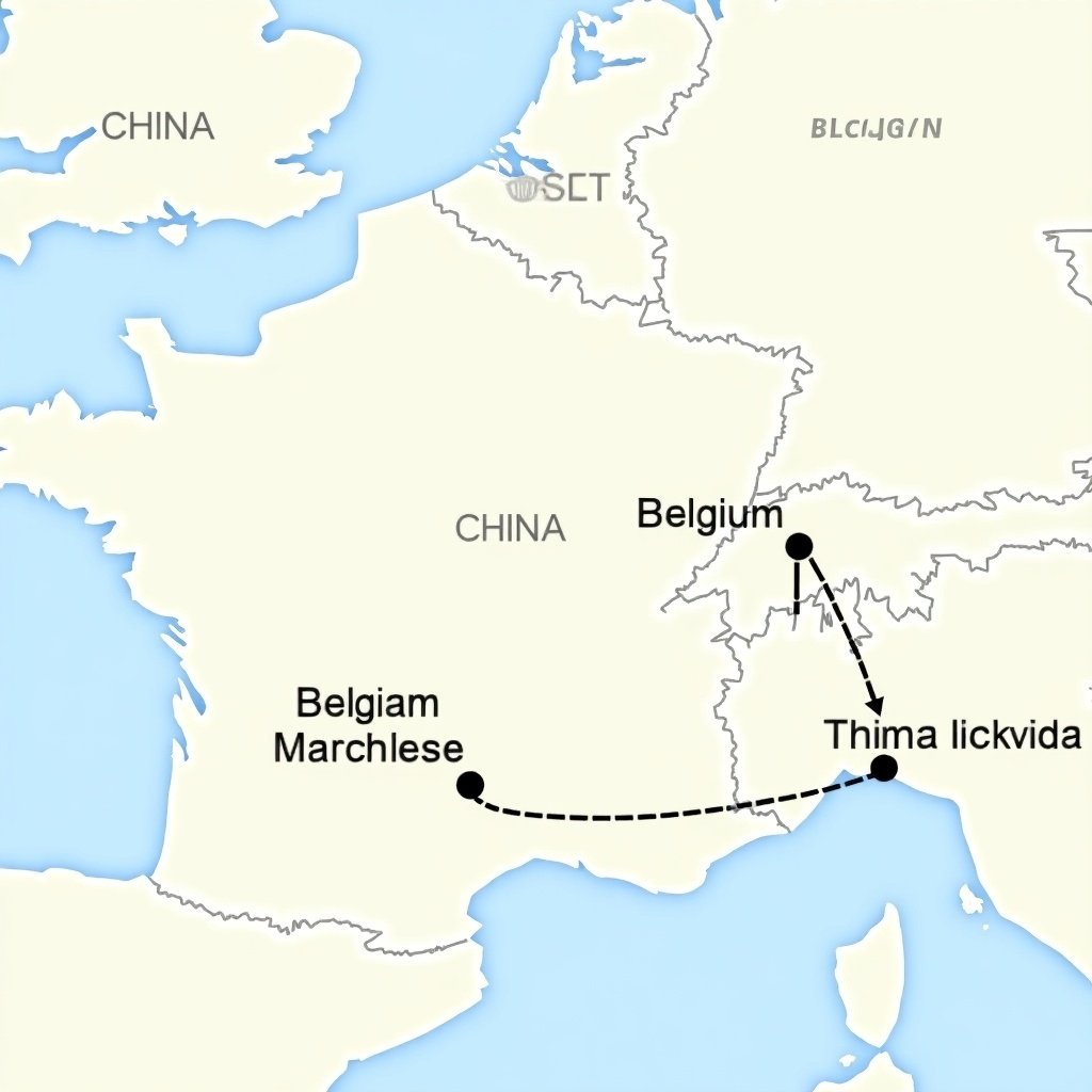 A map showing the sea route from China to Belgium with two main contact persons. Locations for seller and buyer marked. Named places are evident with a clear geographical view of the route.