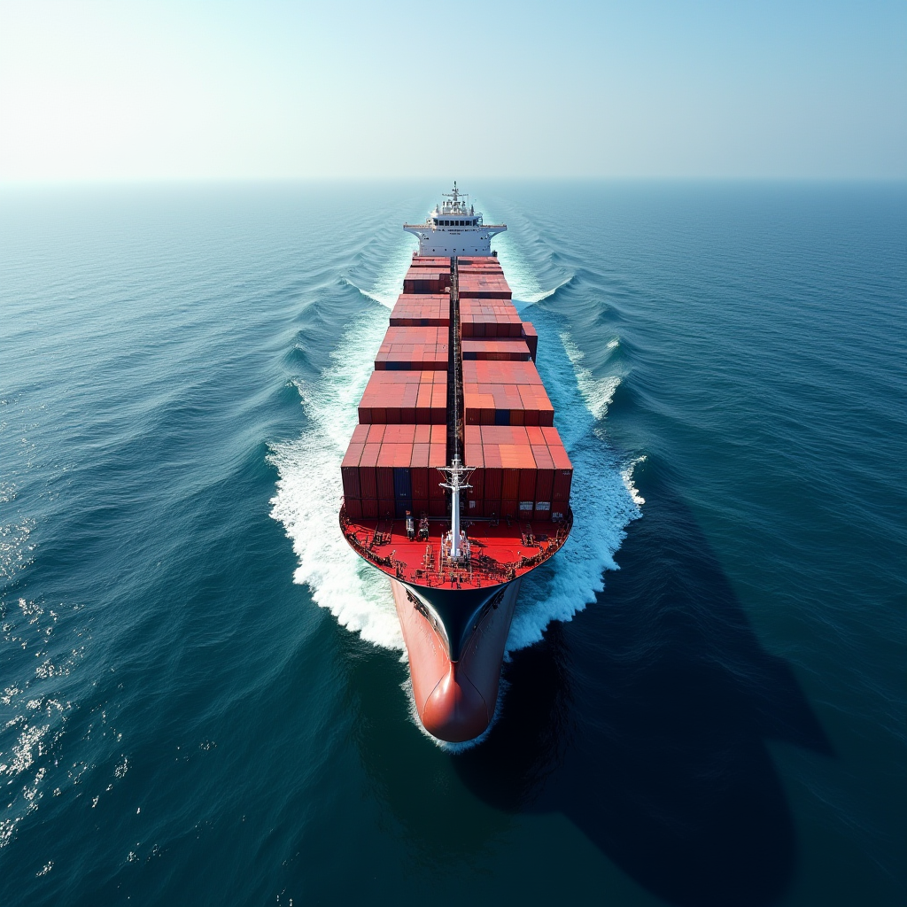 A large container ship with red cargo containers cuts through the calm blue sea, leaving a foamy wake behind.