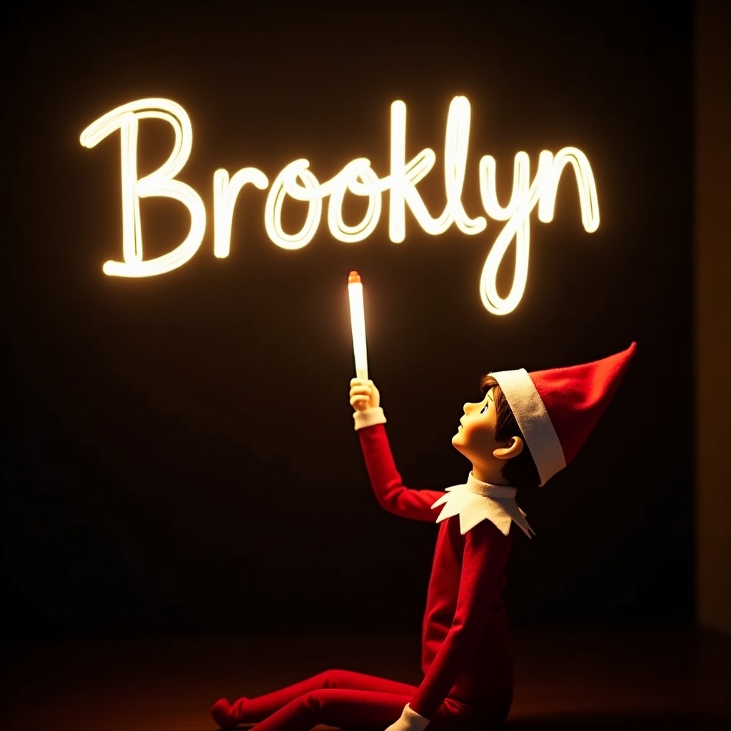 This image features an elf on the shelf character dressed in traditional red and white attire. The elf holds a glow stick that forms the name 'Brooklyn' in bright, soft light against a dark background. This contrast enhances the glowing effect, creating a warm and festive atmosphere. The scene embodies the joy of the holiday season and evokes feelings of magic and cheer. The child is looking upwards, using a wand to write, contributing to the enchanting vibe of the image.