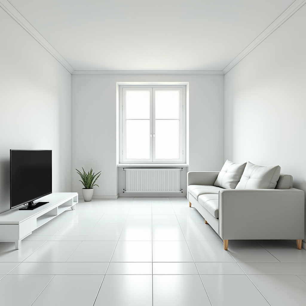 A spacious, minimalist living room with a light gray sofa, a small white TV stand with a flat screen TV, and a potted plant, all framing a large window with a radiator beneath.