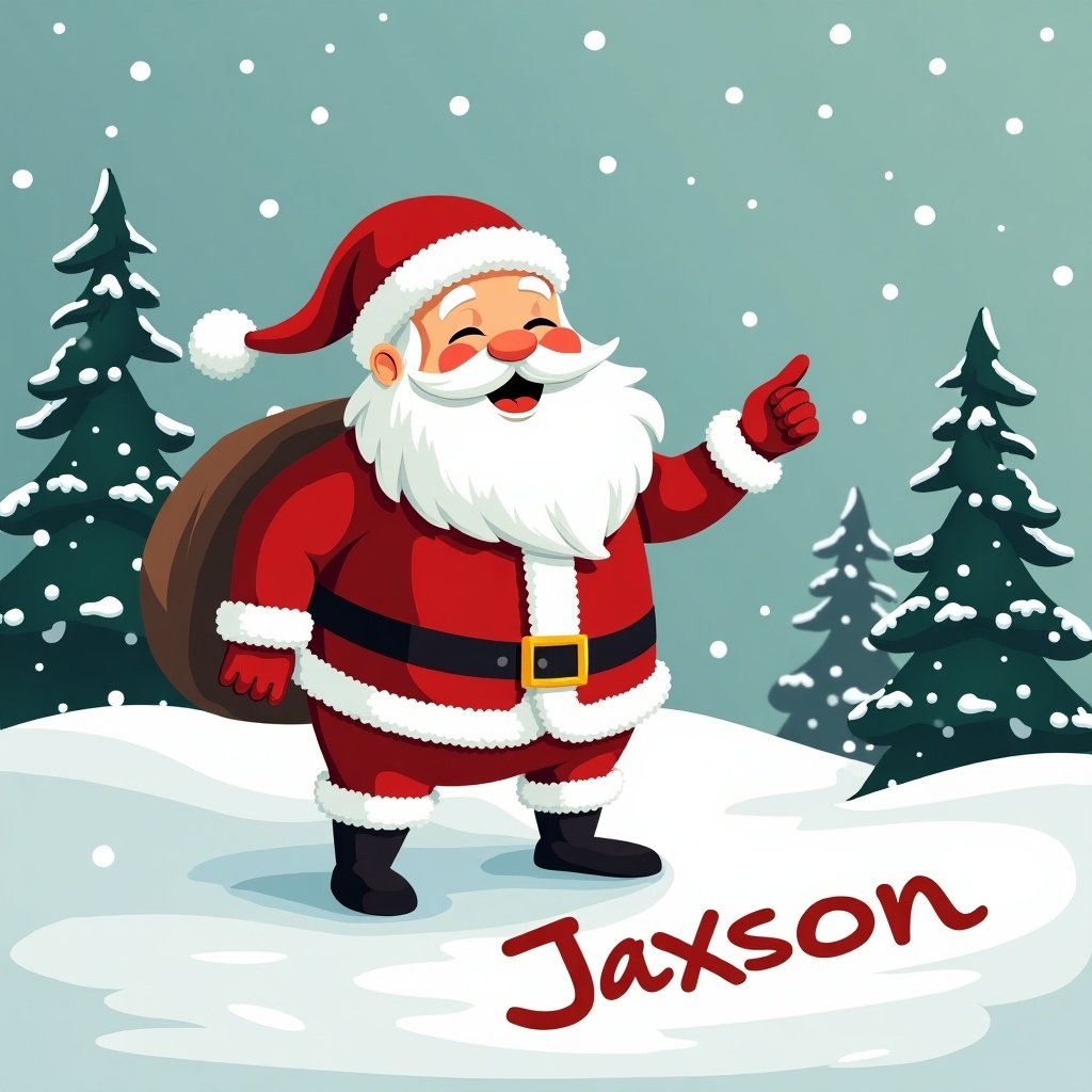 This image shows a joyful Santa Claus in a snowy scene. He wears a classic red suit and a matching hat. Santa is pointing at the name 'Jaxson' written in the snow. The snowy landscape features evergreen trees and gentle snowfall. This scene captures the warmth and joy of the holiday spirit, ideal for Christmas celebrations.