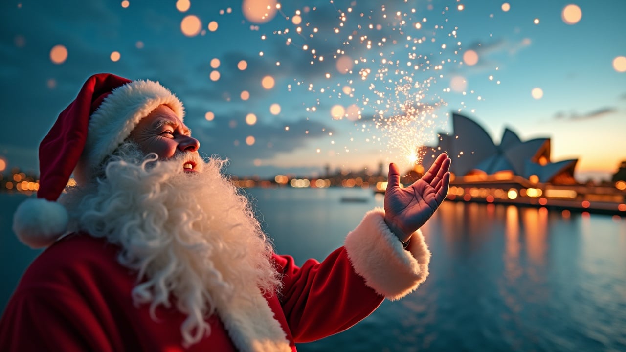 Magical aerial scene featuring Santa Claus with the Sydney Opera House. Santa waves at the camera while holding a Building Information Modeling (BIM) model of the Opera House. Sparkles emanate from his hand, transforming into various BIM models of Sydney's landmarks. The setting is enchanted with warm evening light and an ultra-realistic atmosphere.