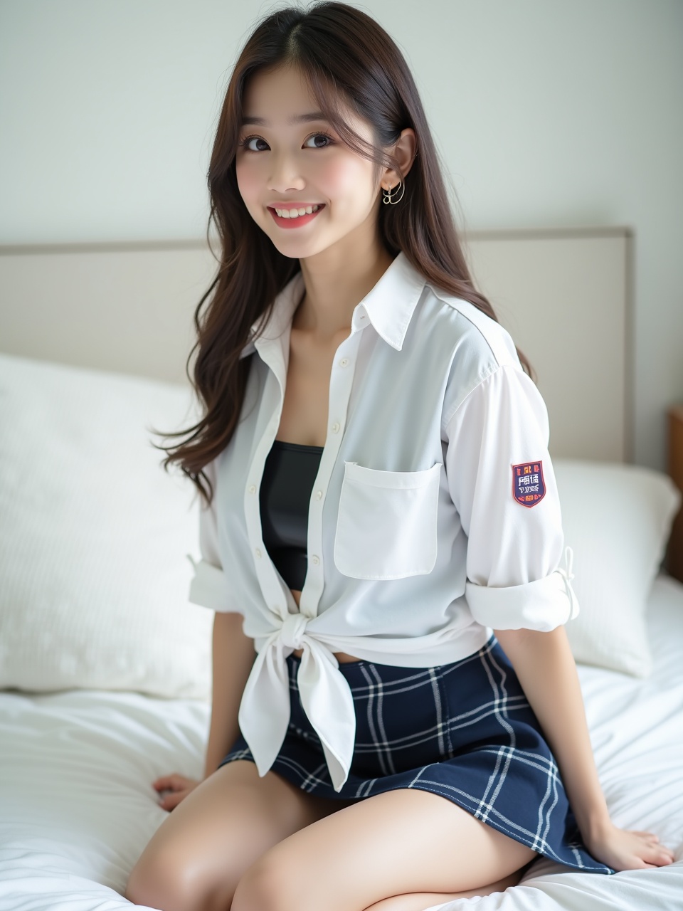 A young woman sits comfortably on a bed, exuding a relaxed yet stylish aura. She wears a white tied button-up shirt over a black top, paired with a blue plaid skirt. Her long hair frames her smiling face, conveying a sense of warmth and approachability. The soft lighting and simple background create an inviting, intimate atmosphere.