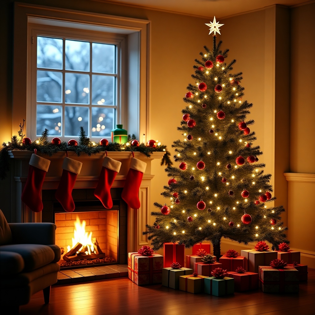 Christmas scenes with a decorated tree and presents by a warm fireplace