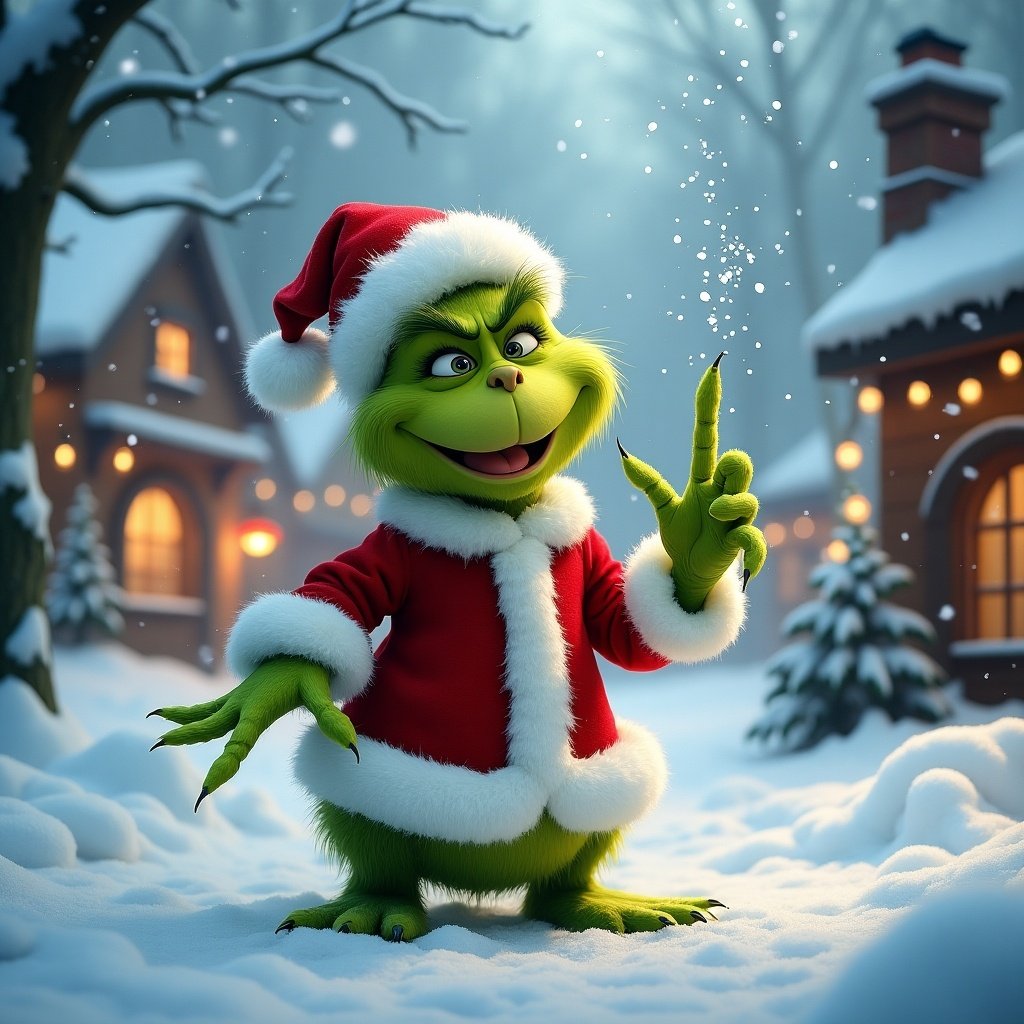 Grinch writing Merry Grinchmas in the snow. Grinch in snowy landscape. Dressed in red and white Christmas outfit. Joyful expression with snowflakes falling. Surrounded by cozy cottages with warm lights.