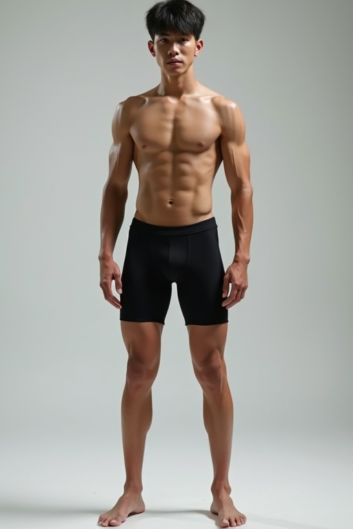 Image shows a standing young male model. He has a toned muscular body. He wears snug short shorts. His legs display strong muscles. Focus is on physical fitness and athleticism.