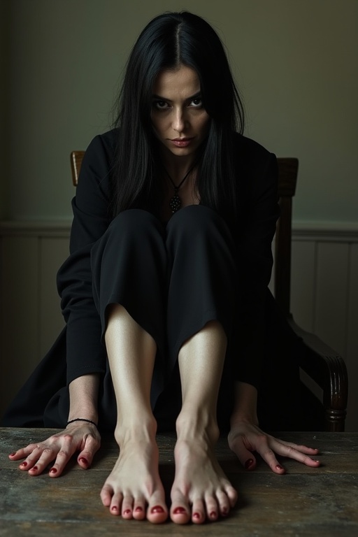 Image features a mature goth woman with black long hair. She shows her wounded soles of her bare feet. She's sitting on the chair with her feet on the table. She's feared.