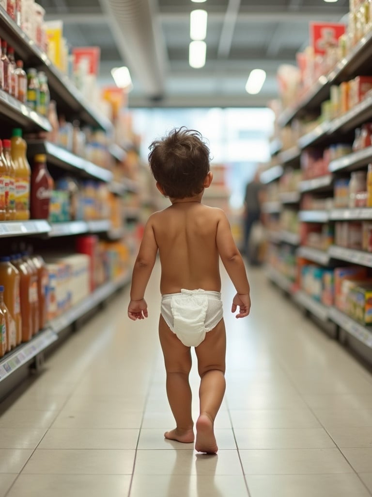 A child walks in a grocery store. The boy wears a diaper and walks among shelves filled with products.