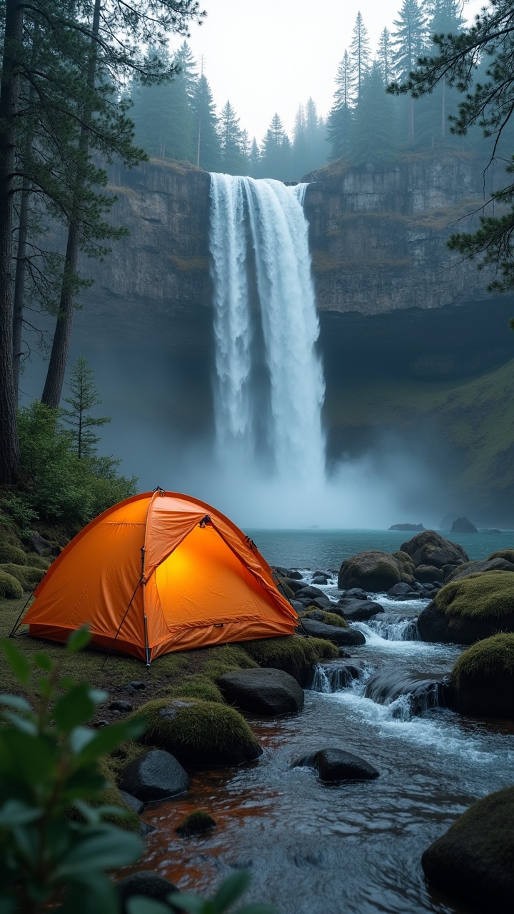 A vibrant orange tent sits nestled near a serene waterfall, surrounded by lush greenery and boulders. The waterfall cascades down with powerful motion, framed by tall pine trees, creating a peaceful and adventurous atmosphere. Soft light emanates from the tent, suggesting warmth and shelter within the wilderness setting.