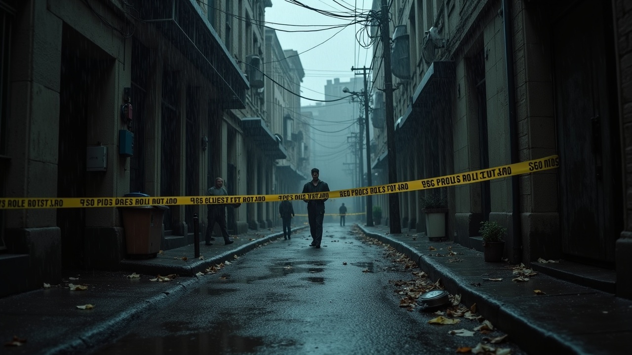 The image depicts a gloomy, rain-soaked alley surrounded by police tape. A body is cordoned off as detectives work around the scene, conveying a sense of official investigation. A military officer stands at a distance, exhibiting a pale and shocked expression in response to the situation. The rain adds an element of tragedy, enhancing the dark and somber mood. The overall atmosphere is heavy with grief and tension, immersing viewers in the gravity of the moment.