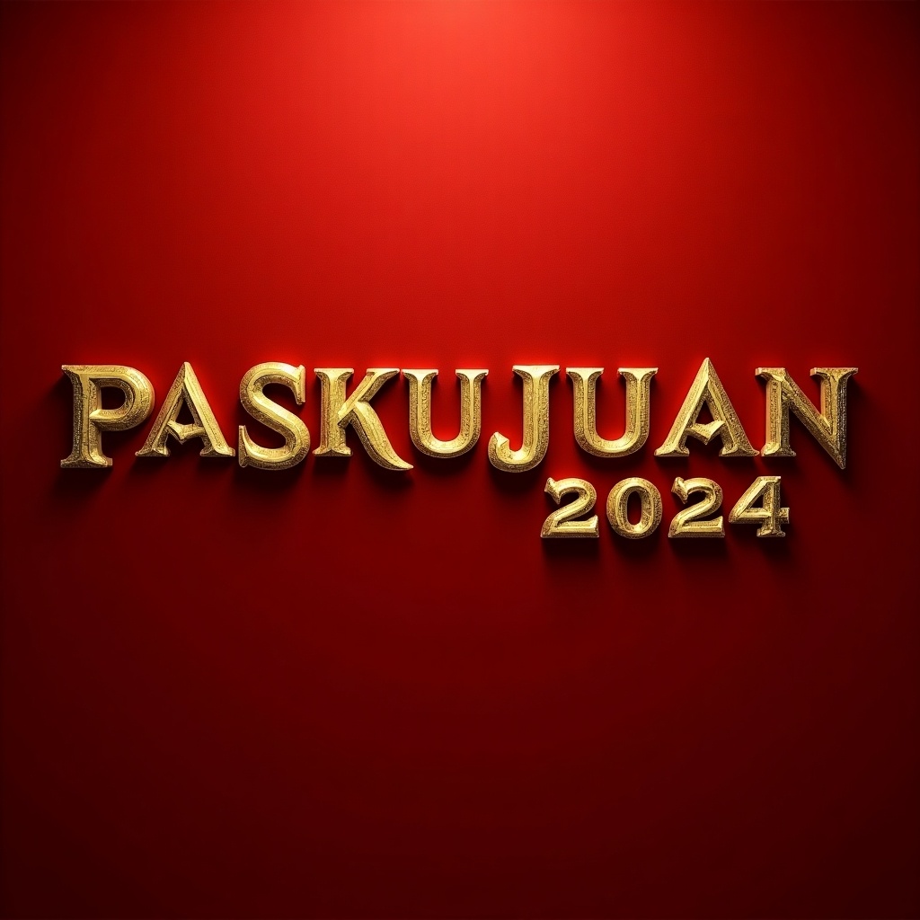 Gold ornate text says 'PASKUJUAN 2024'. Rich red background displays the lettering prominently.