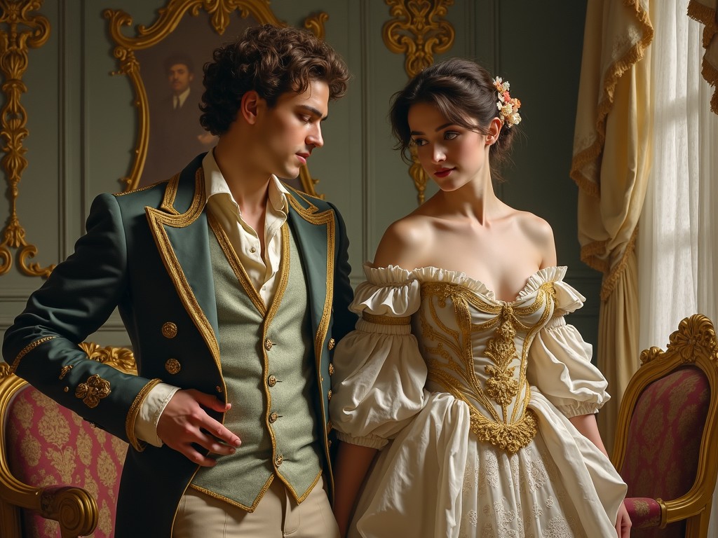 a couple dressed in elegant period attire, with intricate details and soft lighting, capturing a moment of romance