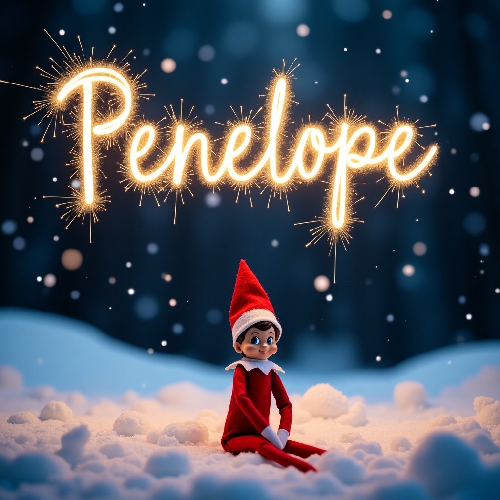 Create a magical night scene featuring an Elf on the Shelf named Penelope. The setting is snowy, with a soft white blanket covering the ground. Above her, the name 'Penelope' is written in glowing letters made from sparklers. The background is dark, enhancing the glow of the name and the scene. The elf has a cheerful expression, sitting playfully in the snow. It's a festive and enchanting holiday image, perfect for capturing the spirit of Christmas.