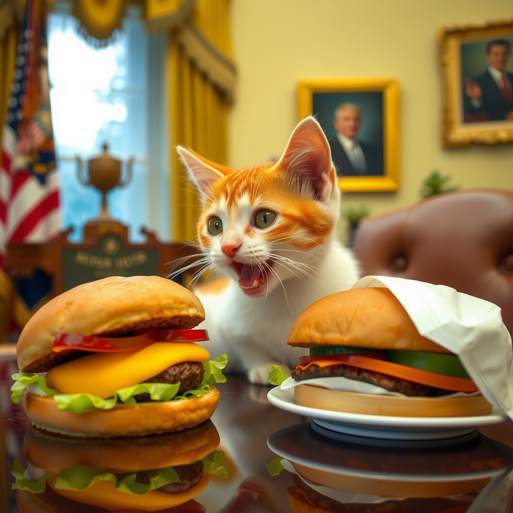 A curious cat in an official setting eyes a pair of delicious cheeseburgers on a polished desk.