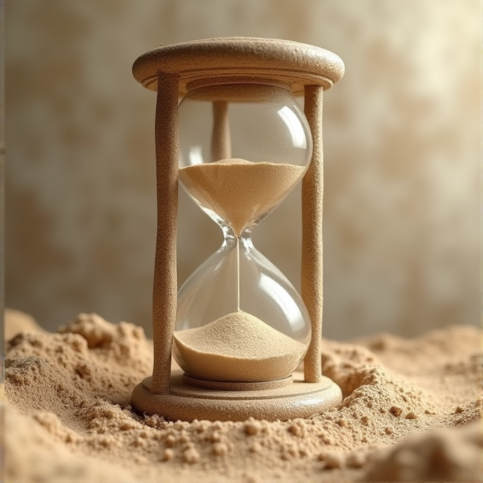 An hourglass with sand flowing through, surrounded by more sand.