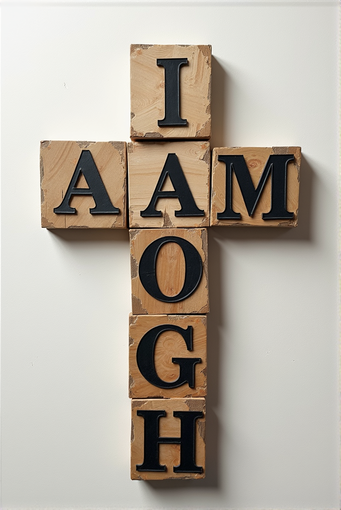 Wooden blocks arranged in a cross shape with letters spelling "I AM A HOG" vertically and horizontally.