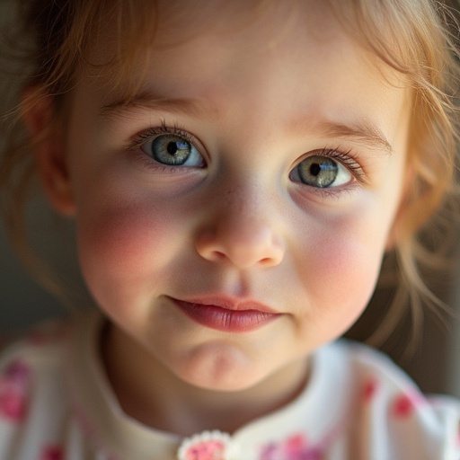 Child with a joyful expression. Dressed in a floral outfit. Natural light highlights the facial features. Close-up shot emphasizing innocence.