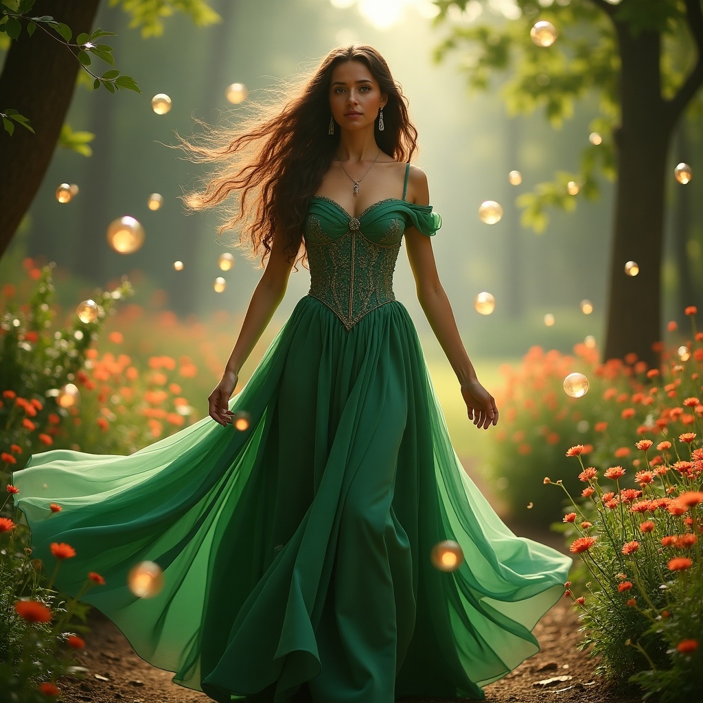 A woman wears a flowing green gown surrounded by glowing orbs. She has long brown hair being blown by the wind. The scene includes a lush garden with vibrant flowers. The dress reflects a historical or fantasy theme.