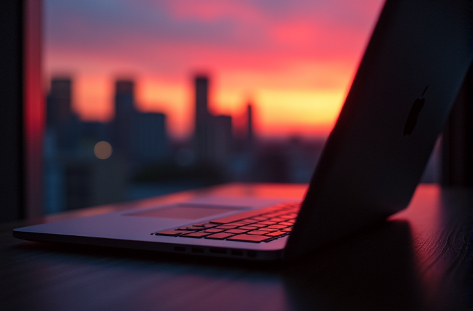 A laptop is open on a table with a vibrant sunset in the background, casting a silhouette of city buildings.