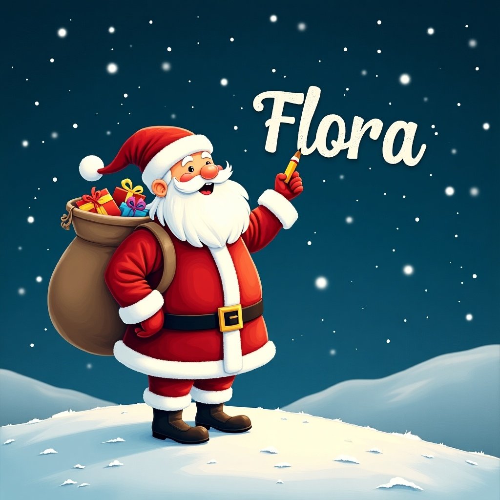 Santa Claus in red and white stands on snowy hill. He writes 'Flora' in sky with pencil. Large sack of gifts on back. Night sky filled with stars.