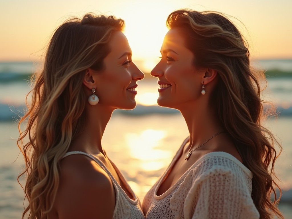 Close-up shot of two beautiful women with long, wavy, light brown hair facing each other on a beach at sunset. They wear light-colored tops, possibly lace or crocheted. The woman on the left has lighter hair, while the woman on the right has slightly darker hair. Both are softly smiling and gazing at each other. The sun sets behind them, casting a warm, golden light and creating bokeh in the splashing teal waves. The ocean's color contrasts with the warm background. The focus is sharply on the women, with the background lightly blurred. They adorn small, delicate earrings that add to their charm.