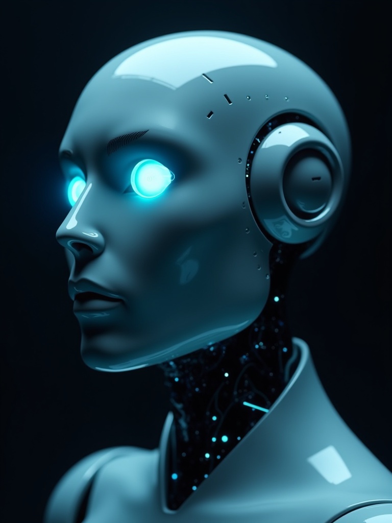 Futuristic AI-powered robot. Sleek polished metallic design. Glowing cyan visor replaces eyes. Minimalistic powerful look. Smooth curves with neon blue circuits. Dark gradient background with soft glow effect. Exudes intelligence trust efficiency.