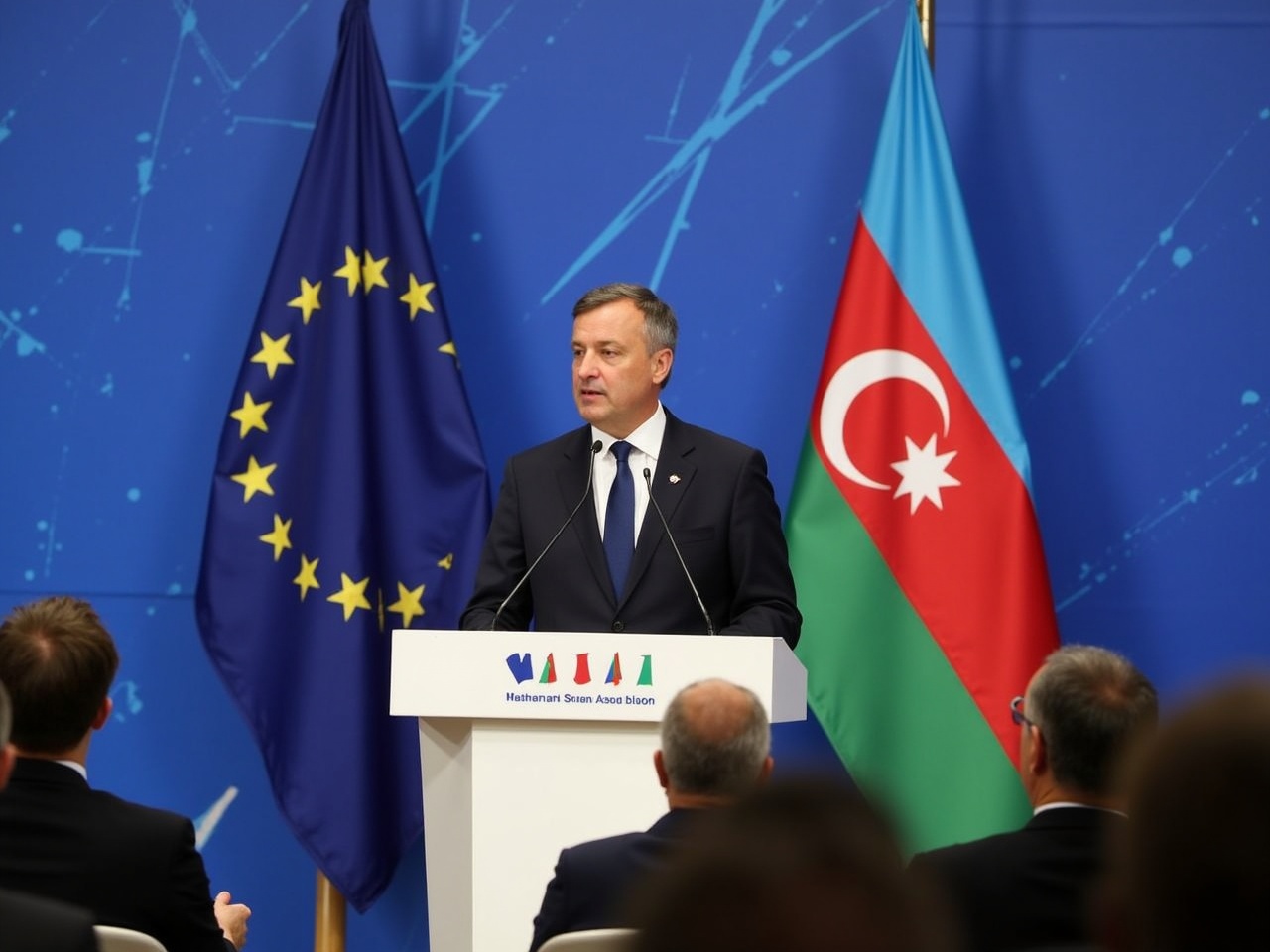 A formal event where a man is addressing an audience behind a podium. He wears a formal suit and tie, indicating the importance of the occasion. The backdrop features two prominent flags: one for the European Union and one for Azerbaijan, symbolizing international cooperation. The setting is bright, enhancing the formal atmosphere. Attendees are seated, focused on the speaker's message, highlighting the significance of this public address.