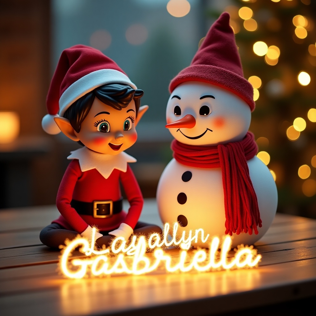 Cheerful elf and snowman interact during Christmas. They sit on a wooden table with twinkling lights. Elf wears a red and white outfit. Snowman has a friendly smile and a red scarf. Characters focus on sparkles spelling 'Layla, Chrisalyn, & Gabriella'. Scene captures holiday joy.