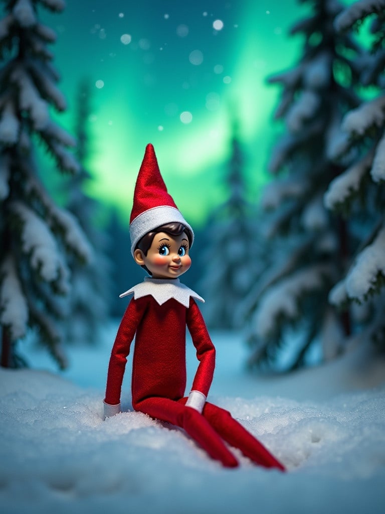 A tan boy elf sits in a snowy forest. The background shows vibrant northern lights with colorful hues. The elf is dressed in a red outfit surrounded by snow-covered pine trees.