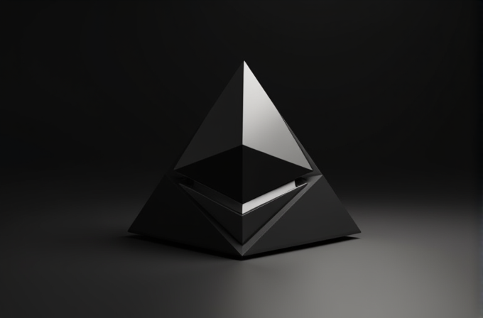 A sleek black pyramid with glossy surfaces reflecting light against a dark background.