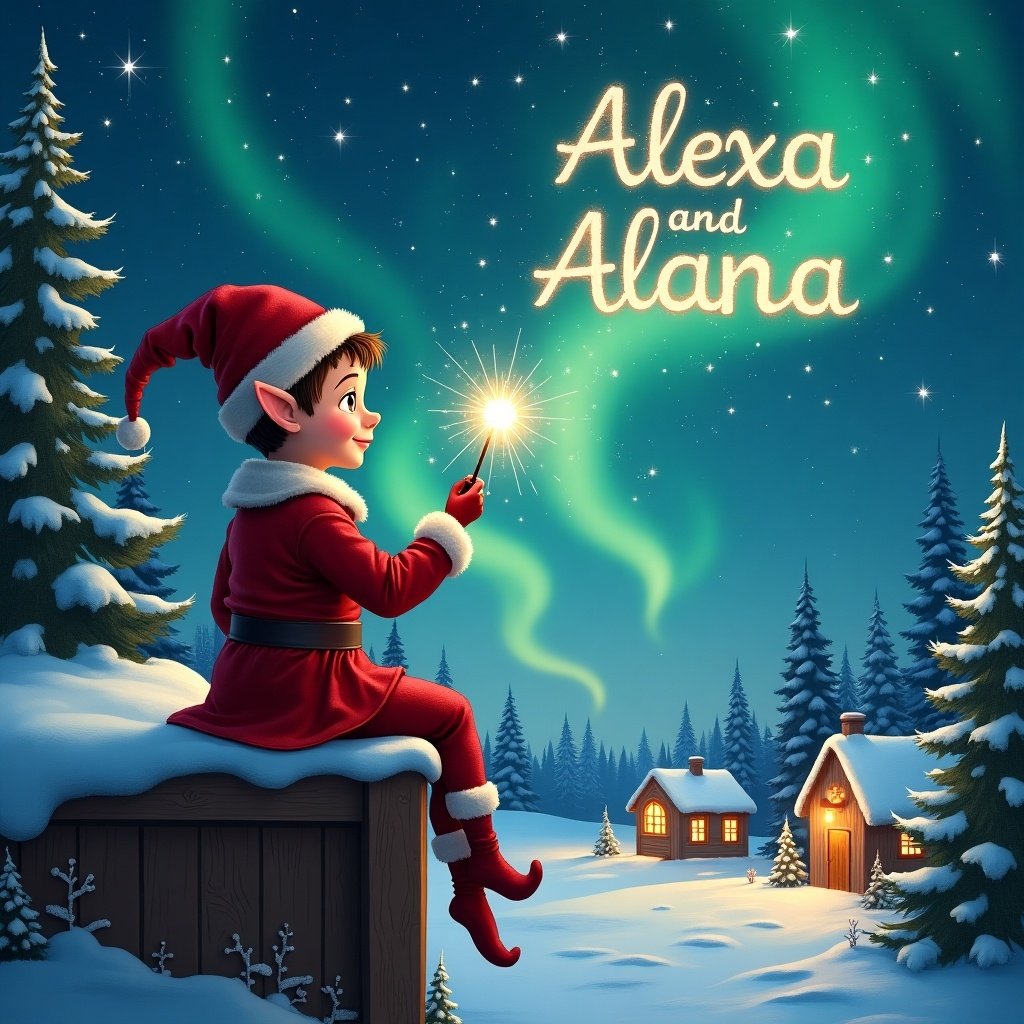 Elf in red outfit sits on a wooden ledge. Gaze at magical sky with sparkles. Hold a wand writing names in stars. Snowy landscape with charming houses. Evergreen trees and Northern Lights enhance magic. Capture essence of childhood and Christmas cheer.