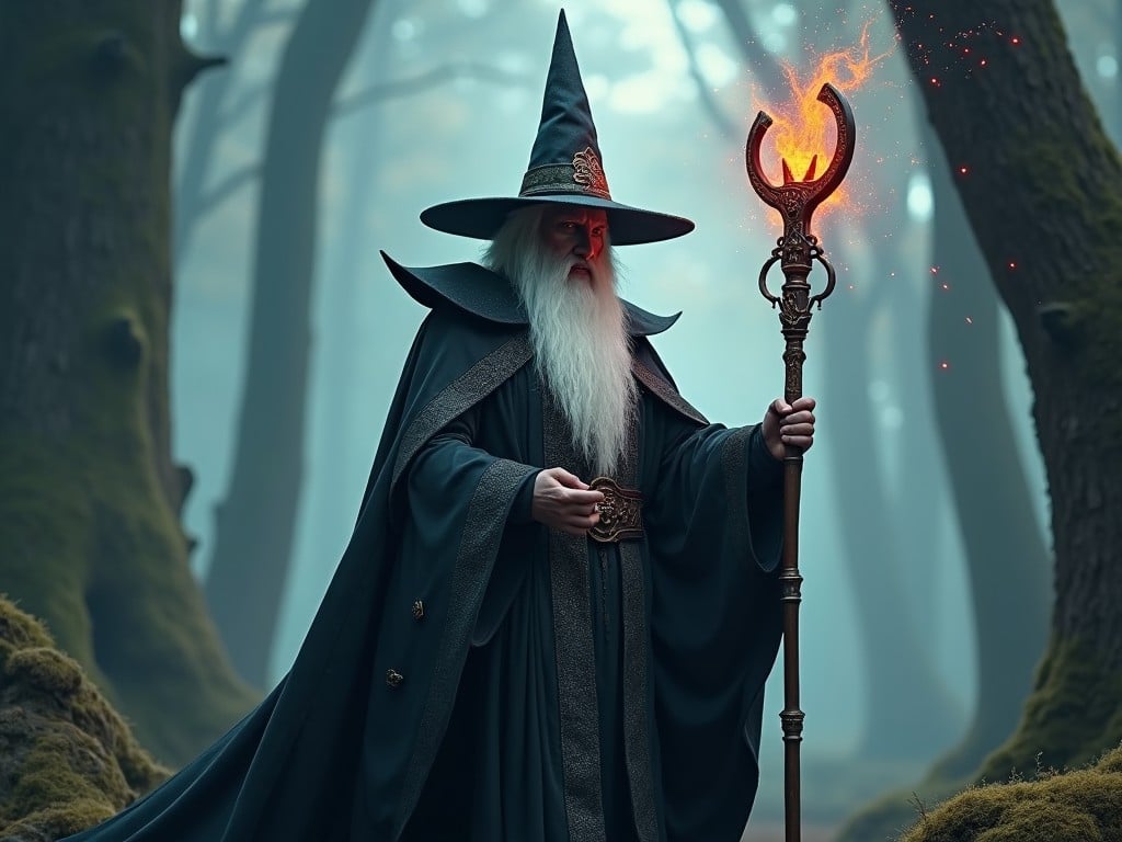 The image portrays a mystical wizard standing in an enchanted forest. He holds a magical staff that emits a fiery energy at its apex. His long white beard and deep green robe evoke a sense of age and wisdom. The setting is a misty, magical woodland with towering trees that loom in the background. The overall atmosphere is one of mystery and power, reminiscent of classic fantasy stories.