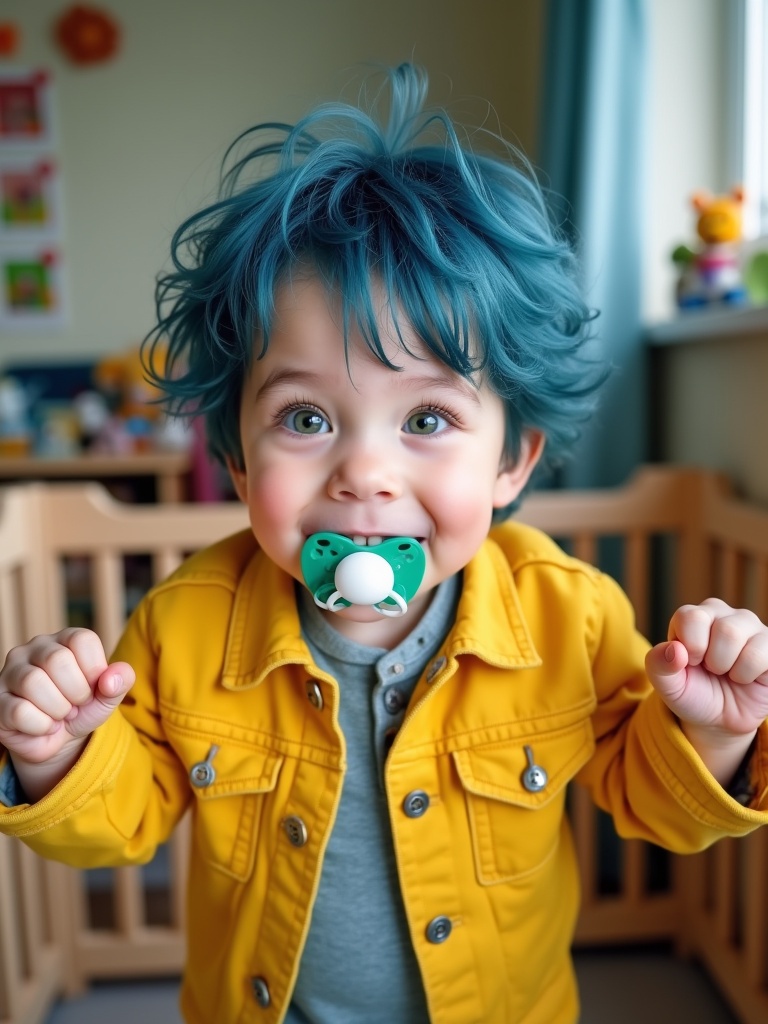 Seven year old British boy with blue hair and green eyes. Wearing yellow denim jacket. Smiling with a pacifier. Standing in playpen.