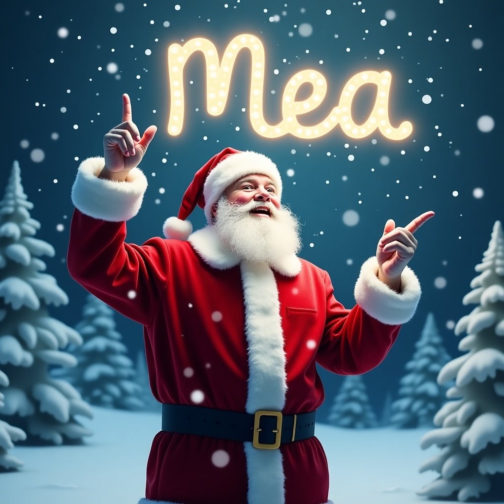 A joyful Santa Claus stands in a winter wonderland. Dressed in a red suit with white trim and a matching hat. Pointing upward as if magically writing a name in the sky. Snowflakes gently fall around him. The name 'Mea' is written in glowing letters. Snowy trees create a festive atmosphere.