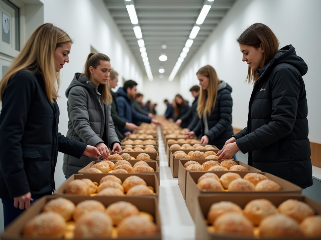 A group of people, mostly women, wearing jackets, organize rows of boxed sandwiches on a long table in a well-lit hallway.