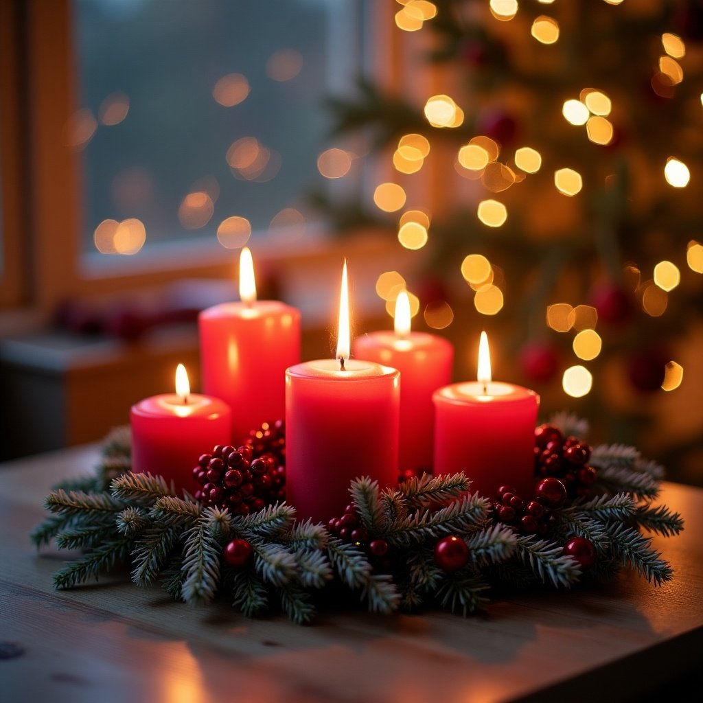 Christmas ambiance with lit candles in a festive arrangement. Surrounded by greenery and decorations. Warm light creates a cozy atmosphere. Perfect for holiday themes.