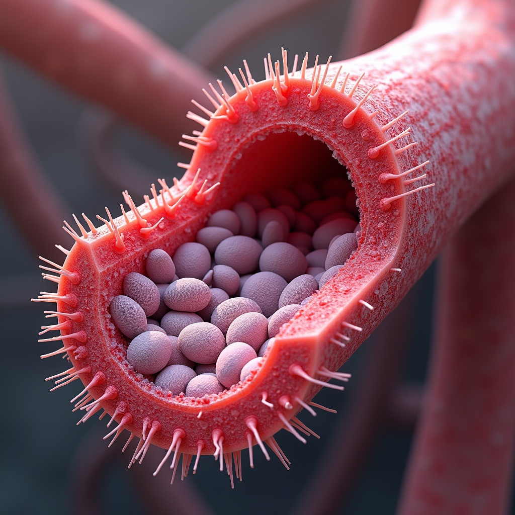 This image presents a highly detailed and realistic cross-sectional view of a vascular electrospinning scaffold bilayer. The inner wall of the artery is shown in vibrant red, emphasizing the fiber buildup along the surface. Inside, clusters of cells are depicted in an orderly fashion, illustrating cellular organization. The lumen of the artery is clearly visible, demonstrating the inner open space. This representation serves well for educational and research purposes in the fields of biotechnology and medicine.