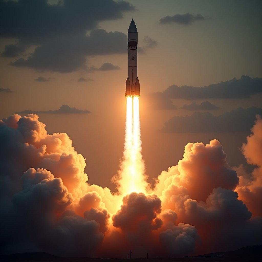 A powerful rocket launches into a dramatic sky. It leaves a trail of vibrant flames and thick clouds of smoke.