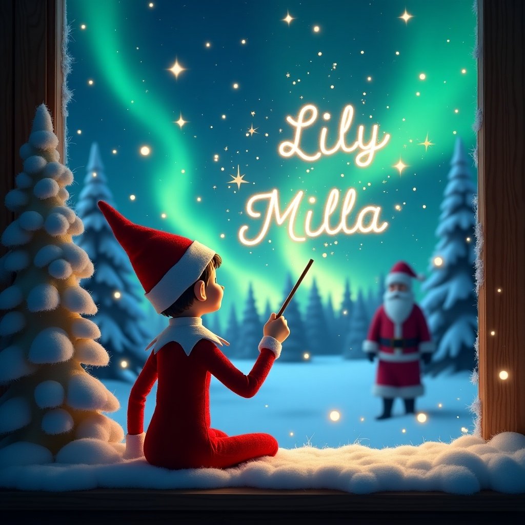 Elf on the shelf with back to viewer. Facing magical winter sky. Elf in red outfit using wand. Writing names Lily and Milla in stars. Background shows northern lights and snow-covered trees. Silhouette of Santa in distance.