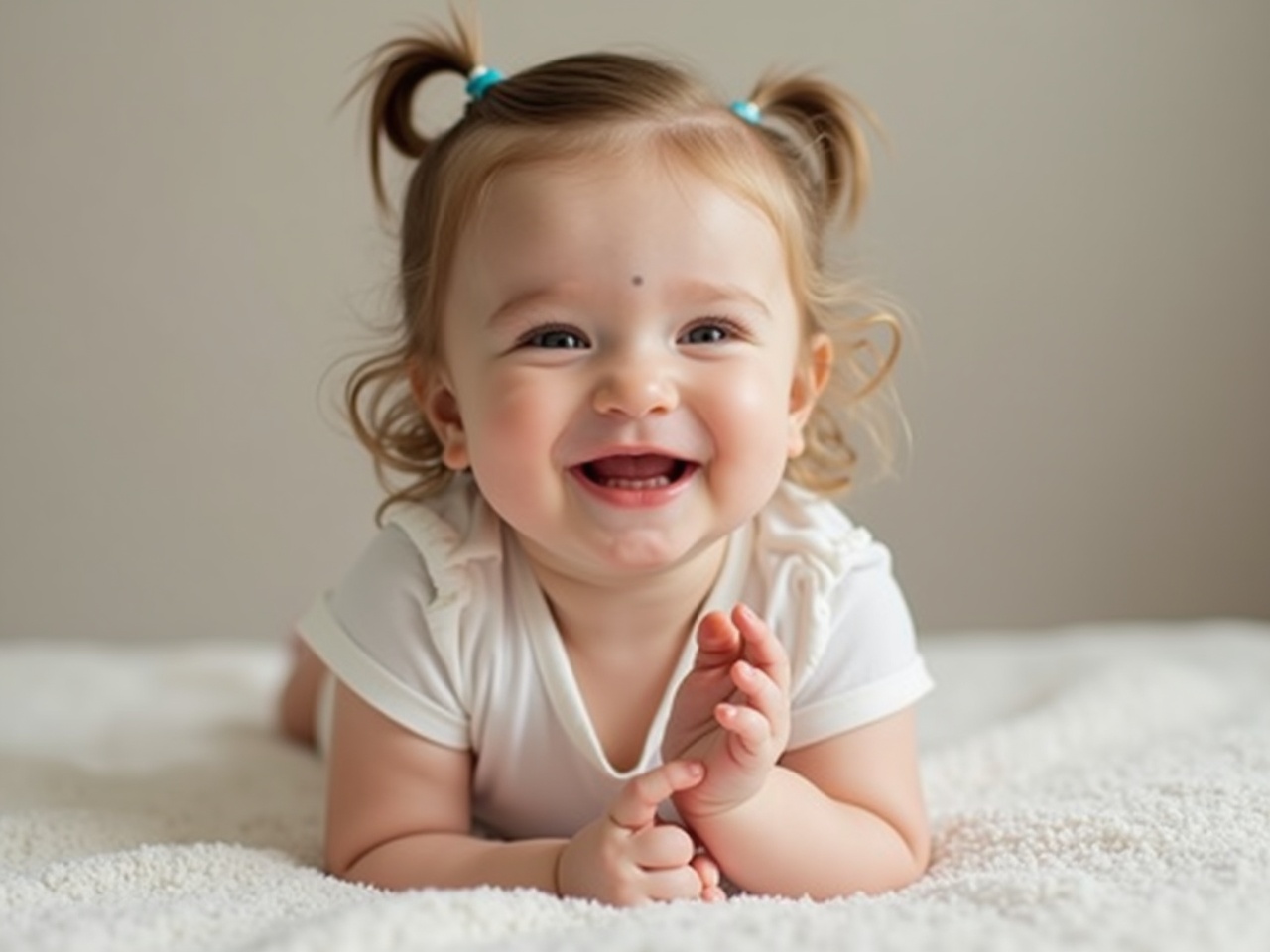 A cheerful baby girl is lying on a soft white blanket, smiling broadly. Her hair is styled with cute pigtails and adorned with small blue hair clips. She is holding her toes with both hands, showcasing her playful and curious nature. The soft lighting highlights her joyful expression and the gentle textures of the blanket. This image captures the innocence and happiness of babyhood, making it relatable for parents and families.