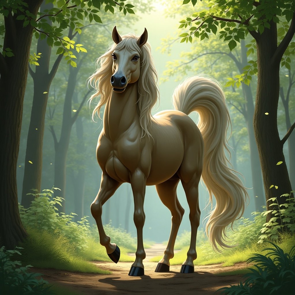 A majestic centaur with a human torso. The centaur stands in a lush green forest, sunlight filtering through the trees. The horse body is elegant and the hair is long and flowing.