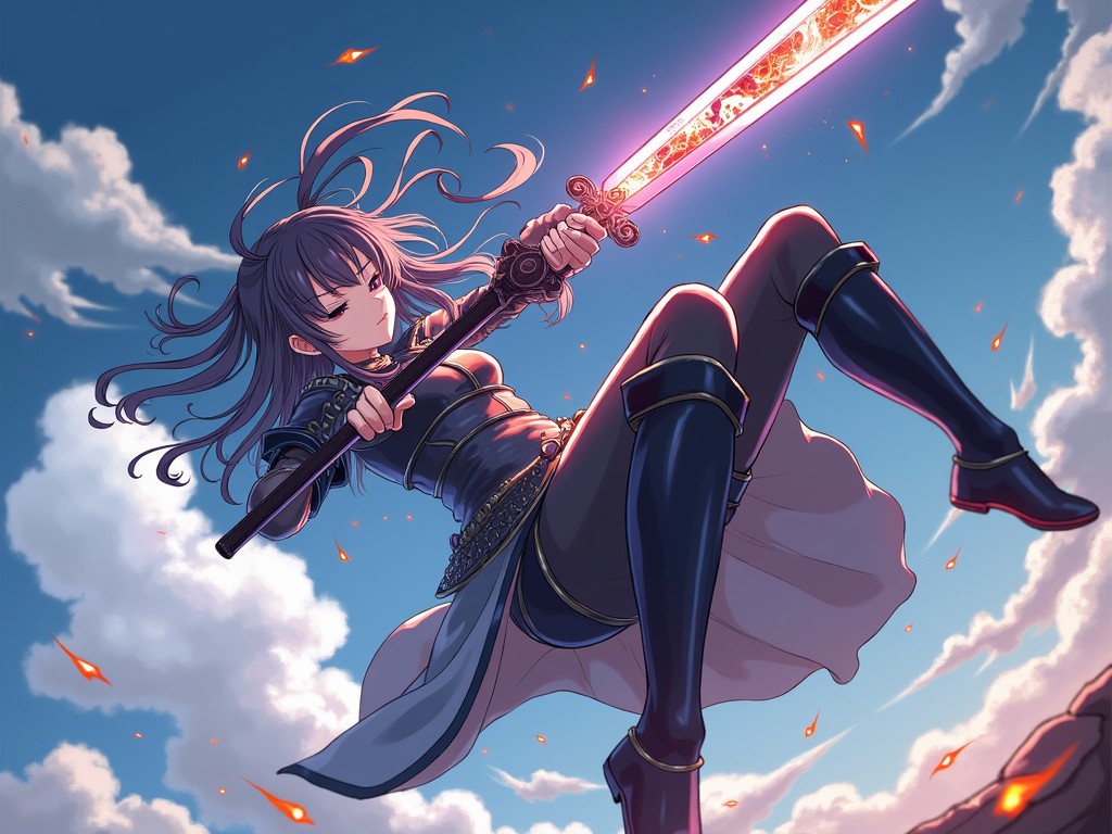 This dynamic illustration depicts a fierce warrior leaping through the sky against a bright blue, cloud-filled background. The character, clad in dark armor, wields a glowing, fiery sword, which emits sparks that complement the vibrant energy of the scene. The warrior's flowing hair and determined expression add to the intensity and motion of the artwork.