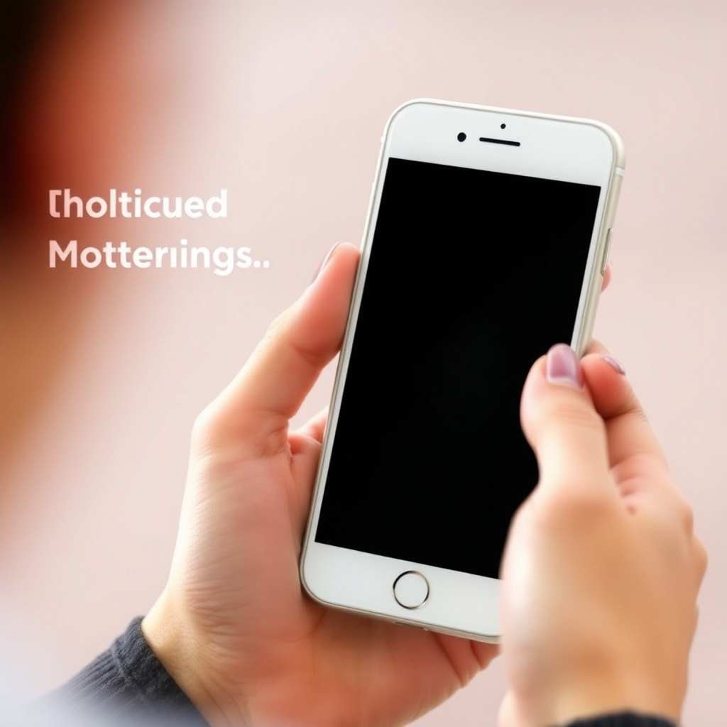 A person holding a smartphone with a blank screen, alongside blurred text in the background.