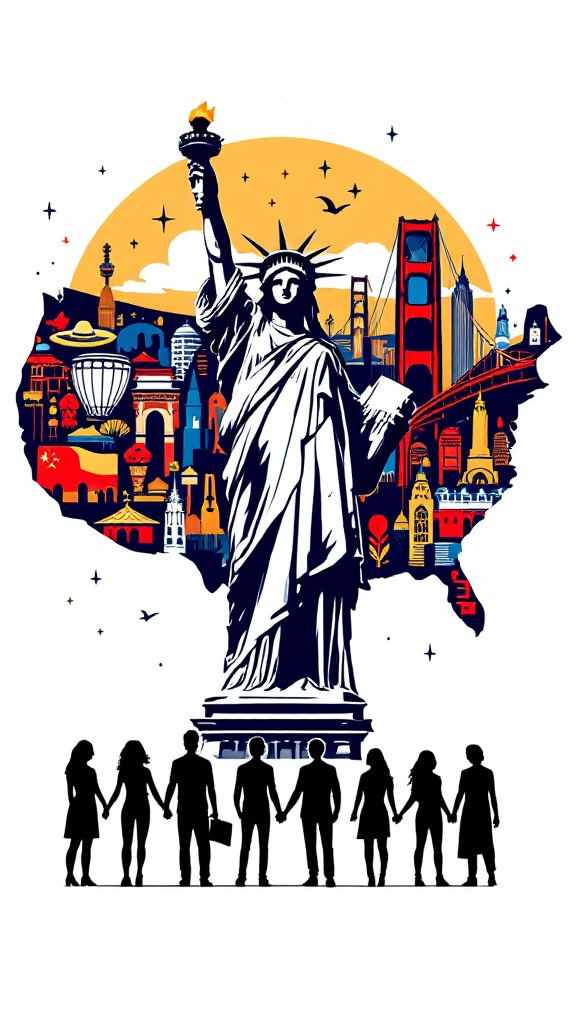 Visual illustration representing America was built by immigrants. Statue of Liberty as central figure. Background features American landmarks. Diverse group of people holding hands. T-shirt design graphic with vector style against white background.