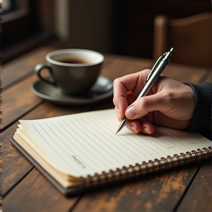 A hand holding a pen poised over an open lined notebook beside a cup of coffee on a wooden table.