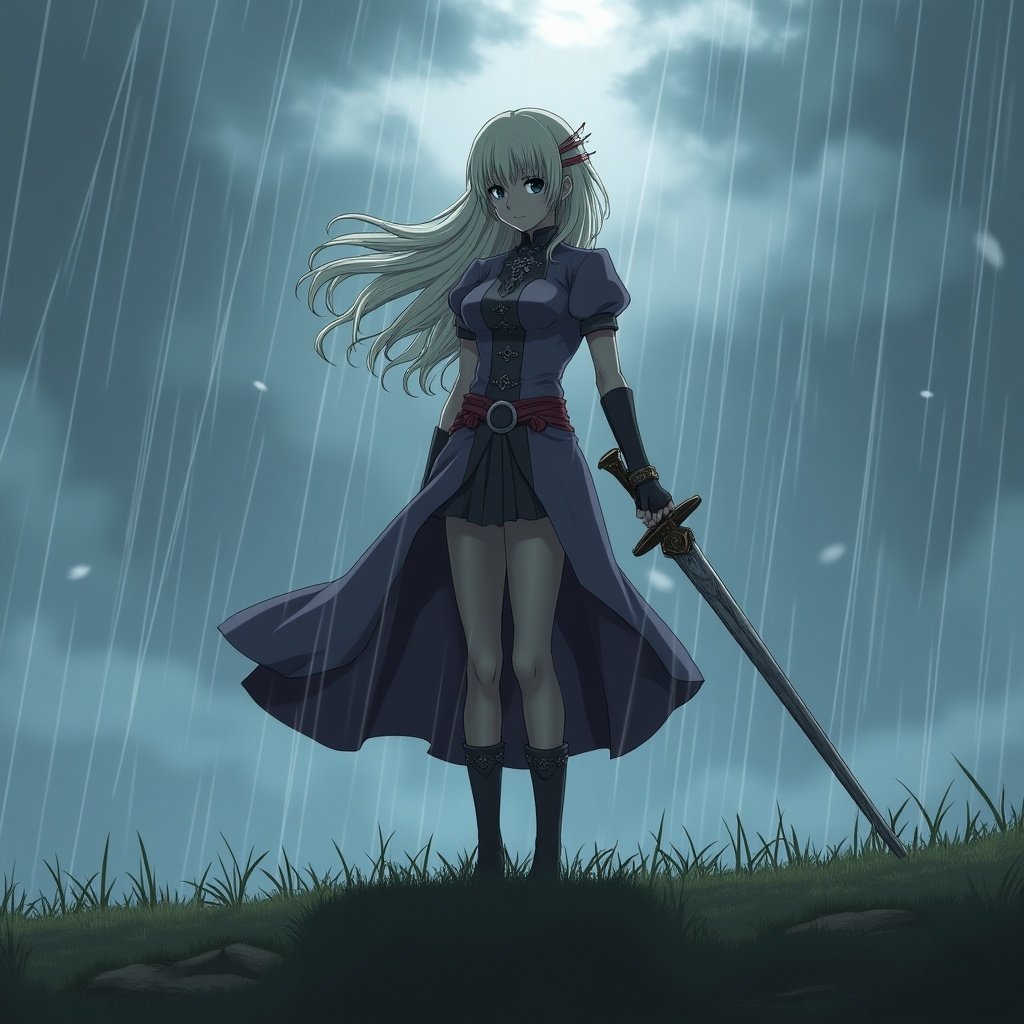 Character stands in rain with sword. Full-body view shows determination on face. Dark colors dominate image. Long hair positions framing face. Symbol on sword indicates heritage. Scene evokes upcoming battle.