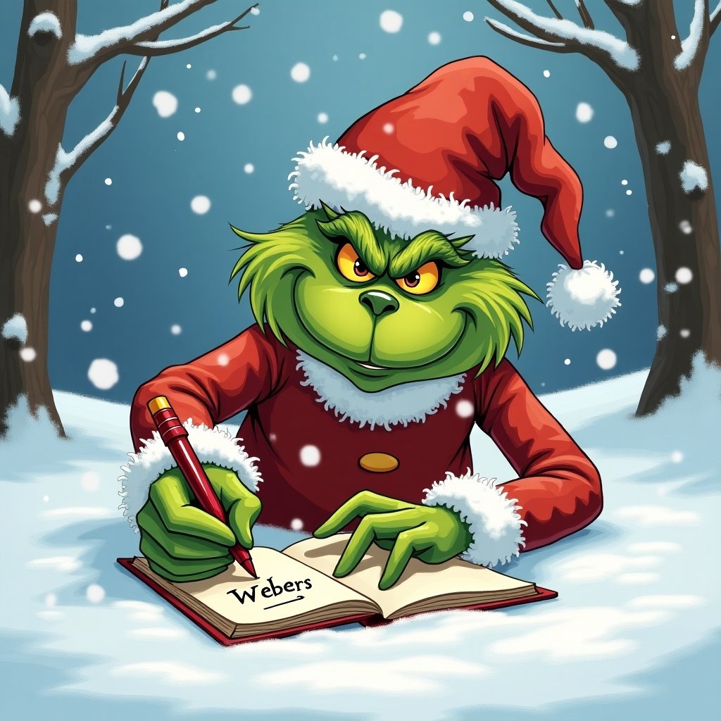 Grinch in winter setting. Grinch wears Santa hat. Grinch writes 'The Webers' in snow book. Snowy background features trees.