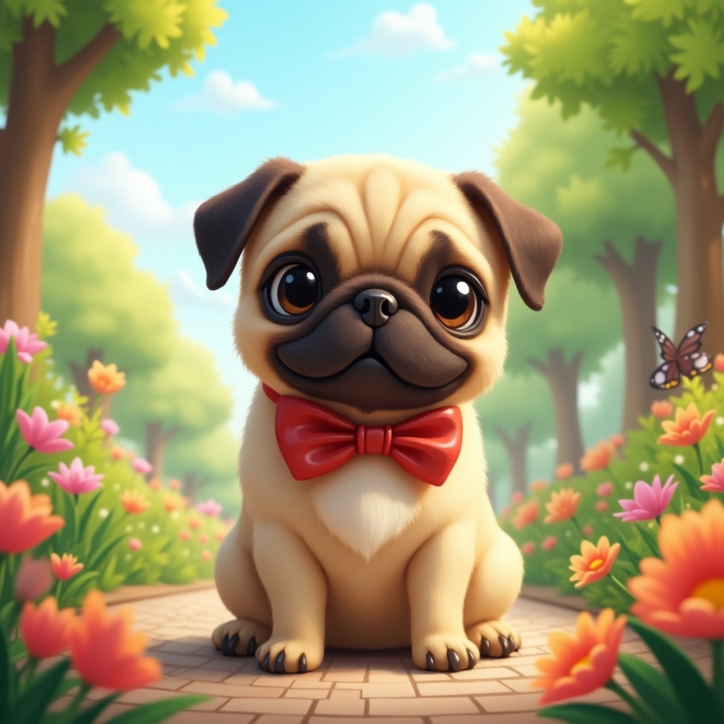 A cute cartoon pug sits in a colorful garden. Pug wears a red bow tie. Flowering plants surround the pug. Soft, cheerful atmosphere with a bright sky in the background.