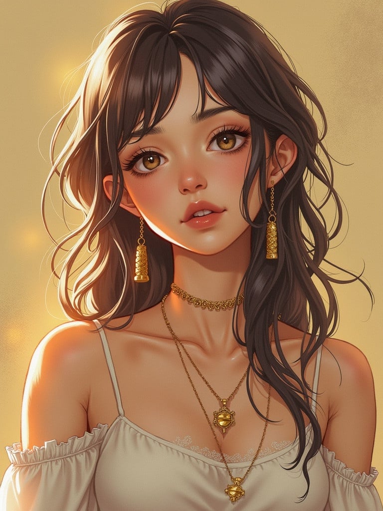 A woman with long dark hair wearing elegant gold jewelry and a soft cream-colored top. The background has a warm golden hue. The image captures a stylish and artistic vibe.