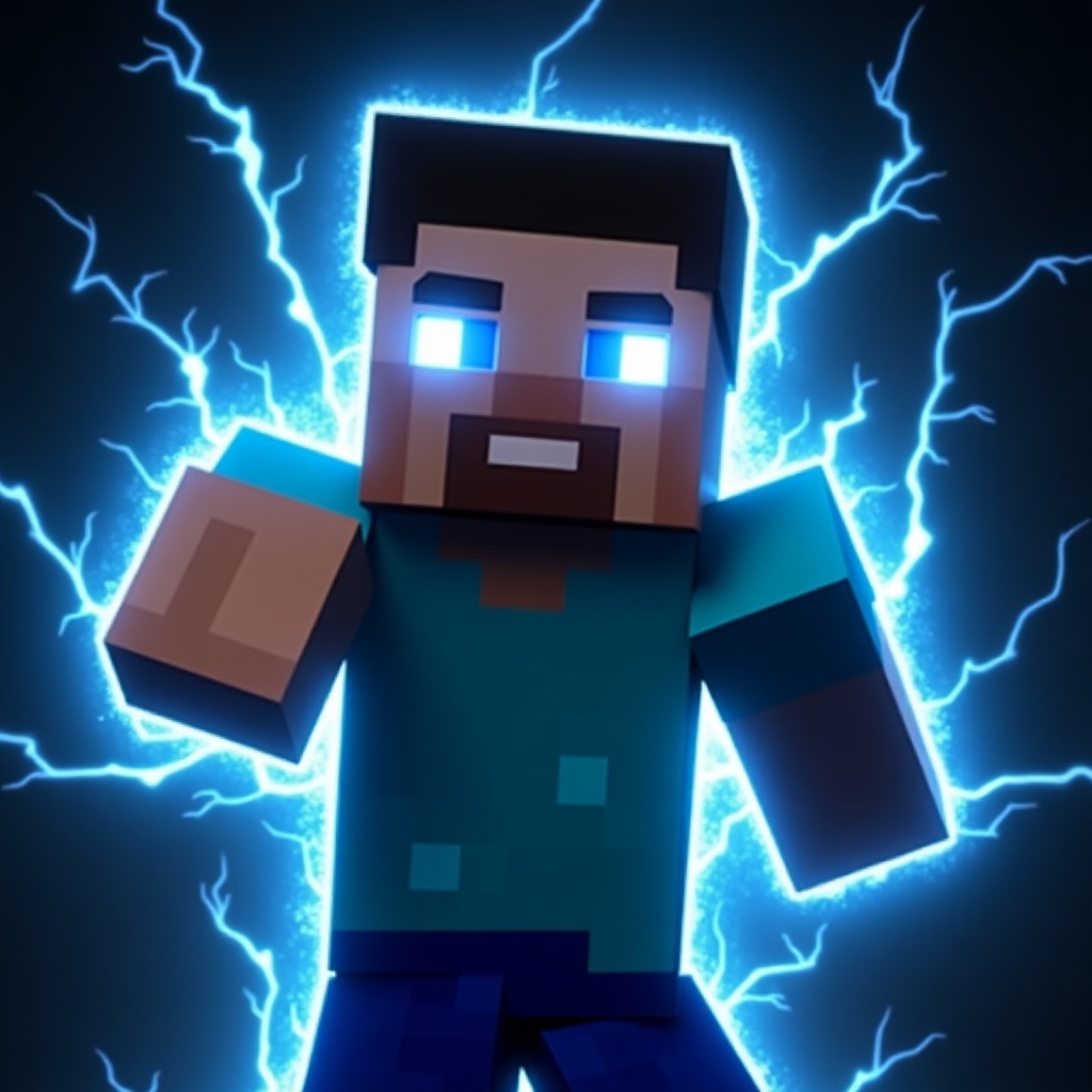 Image shows Minecraft character Steve in dynamic pose. Blue shirt contrasts dark background. Electric blue light gleams from eyes. Surrounding bolts of electricity create action. Blocky style highlights Steve's character. Energetic electrifying depiction.